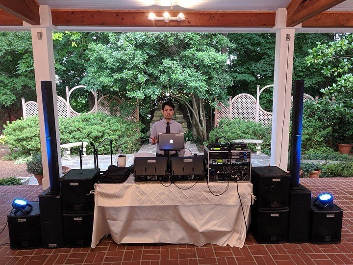 David behind a full Covenant Audio setup under a garden pergola