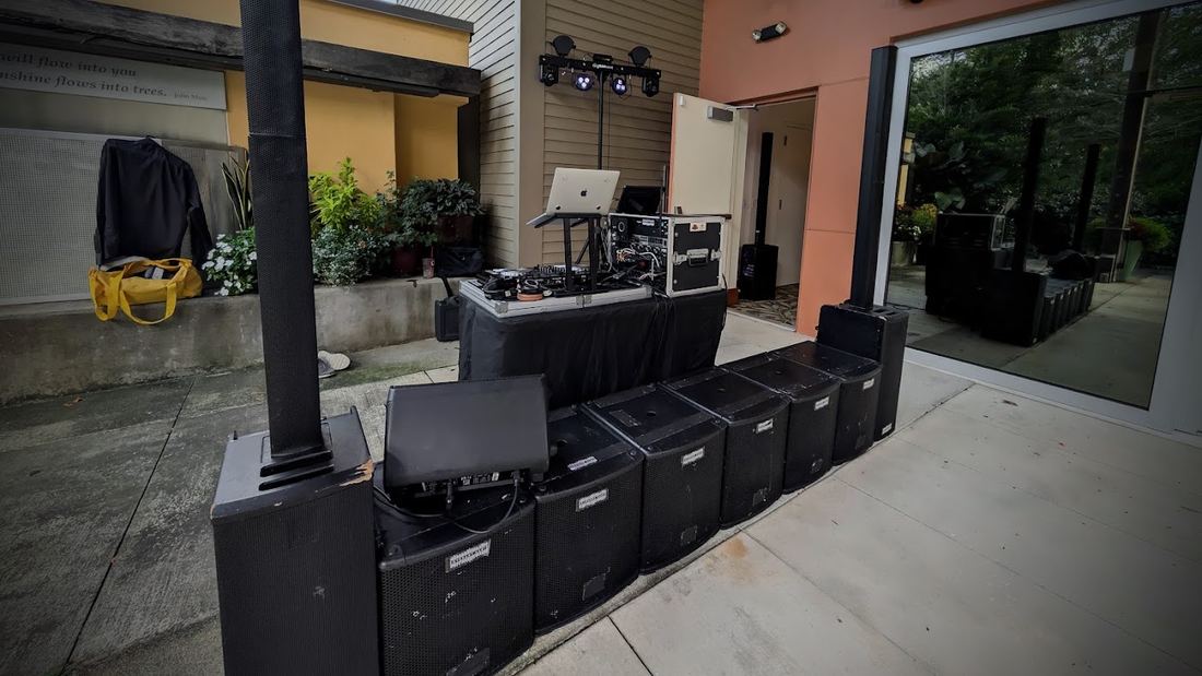 Speakers, subwoofers and lighting lined up before load-in